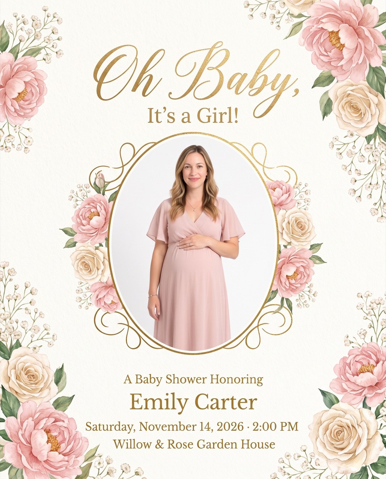 Invitation: Oh Baby, It's a Girl! A baby shower honoring Emily Carter, Saturday November 14, 2026, 2:00 PM, Willow and Rose Garden House