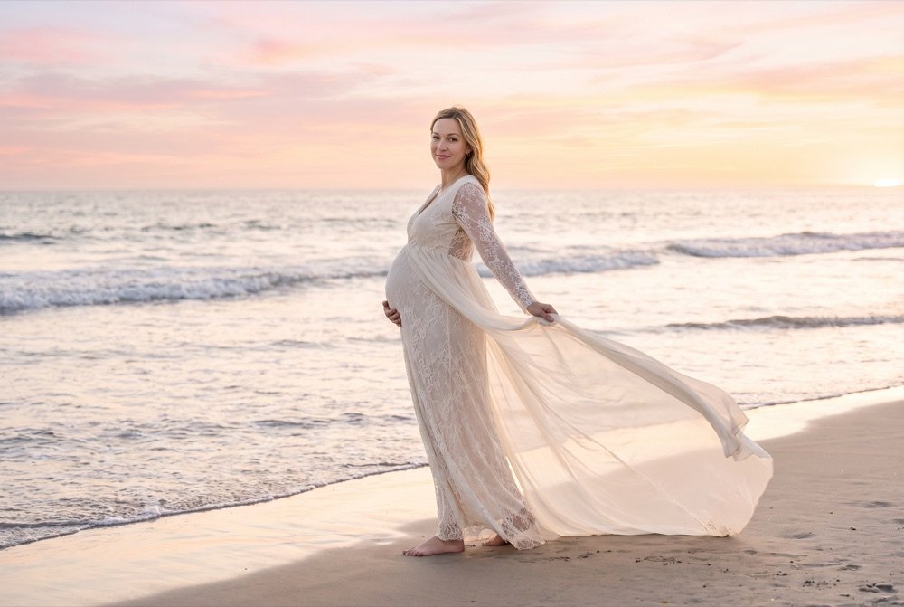 Emily in an ivory lace gown on the beach at sunset