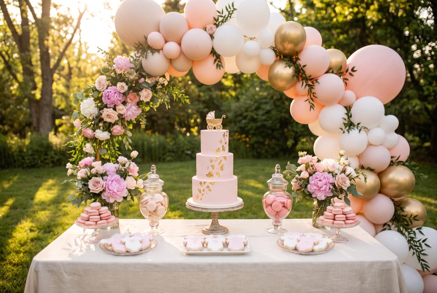 Dessert table with a three-tier pink cake under a blush and gold balloon garland