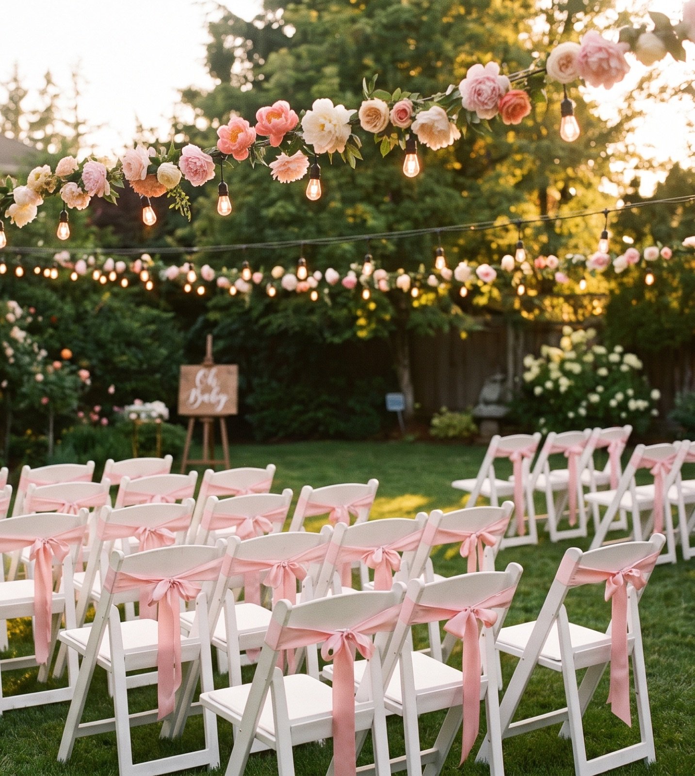 Garden lawn with white chairs tied with pink ribbons and string lights